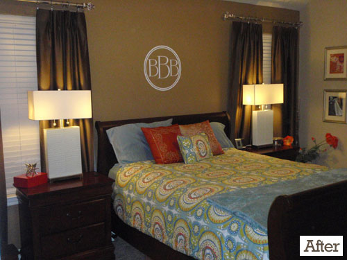 cozy bedroom with colorful bedspread and white modern side table lamps and rich chocolate brown curtains and monogram