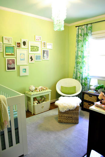 Bright Nursery With Green Walls and Blue Ceiling