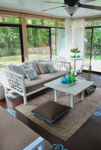 Glass Enclosed Sunroom With Painted Concrete Stencil Floor