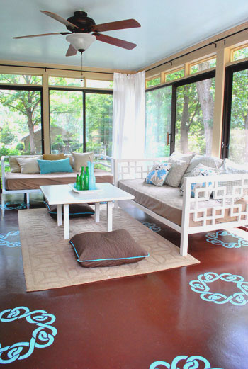 final sunroom porch with stenciled painted floor
