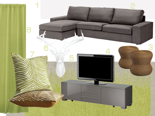 green mood board for colorful living room including sectional sofa, white stag head, tv stand, curtains, and zebra print pillows