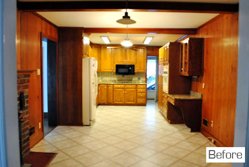 Before Photo Of Kitchen With Dark Wood Cabinets And Tile Floors