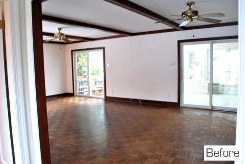 Before Photo Of Living Room With Wood Beams And Ceiling Fans
