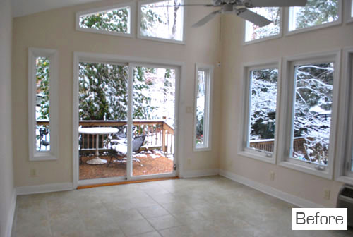 Before Photo Of Sunroom With Peaked Ceiling And Lots Of Windows
