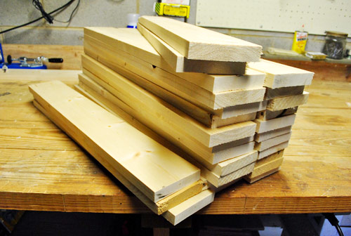 store bought 1x4 whitewood planks that have ben cut for use in console furniture building project