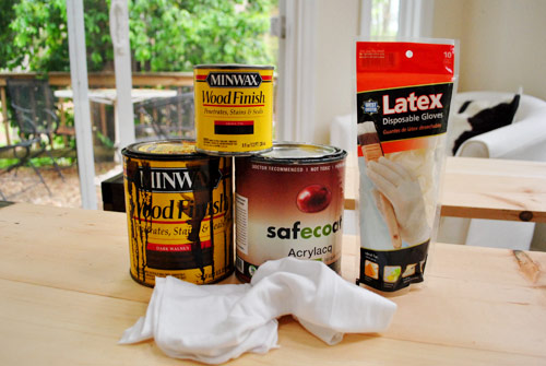 wood staining supplies including Minwax Wood finish, rags, latex gloves, and eco friendly sealer