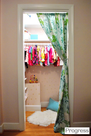 After Photo Of Nursery Closet With Floral Curtain and Pink Wall Treatment
