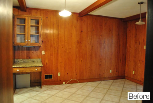 Before Photo Of Kitchen Sitting Area With Wood Paneled Walls