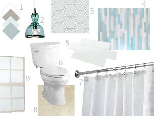 Moodboard for Bathroom Refresh Makeover Including New Light Toilet Shower Curtain