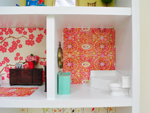 Bathroom In DIY Dollhouse Build With Colorful Craft Paper Wallpaper