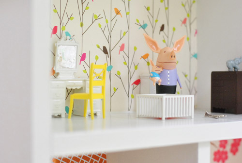 Close Up Of Pig Dolls In Nursery Room In DIY Dollhouse Build