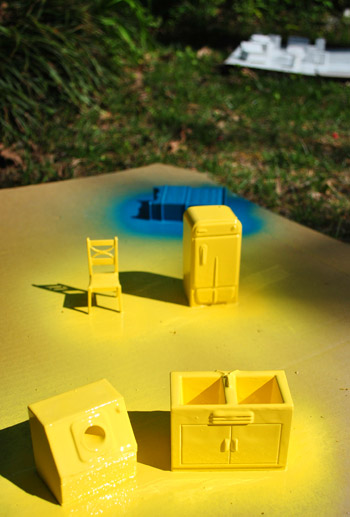 Small Dollhouse Furniture Spray Painted Sun Yellow and Blue Lagoon On Cardboard
