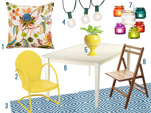 Mood Board For Colorful Deck Decor | String Lights | Yellow Chair | Blue Rug