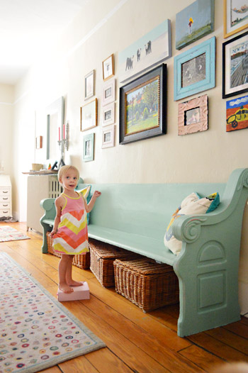 Foyer With Frame Collage Wall and Colorful Teal Church Pew Bench