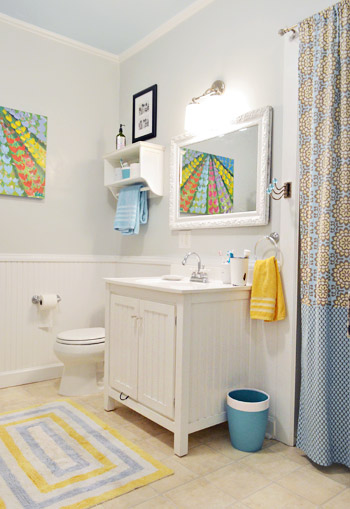 Blue and Yellow Bathroom With Vanity