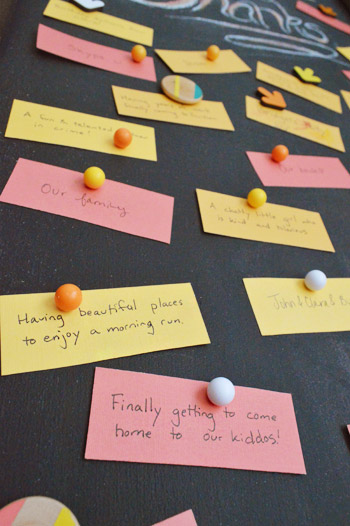 Close up of Thanksgiving gratitude notes on magnetic DIY chalkboard