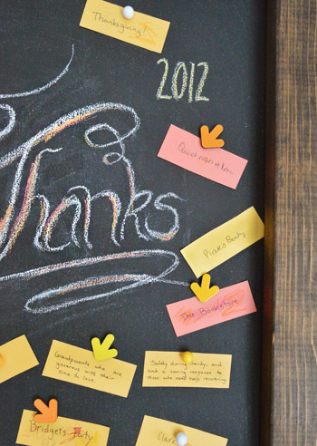 DIY leaning chalkboard with Thanksgiving message and gratitude notes held with magnets