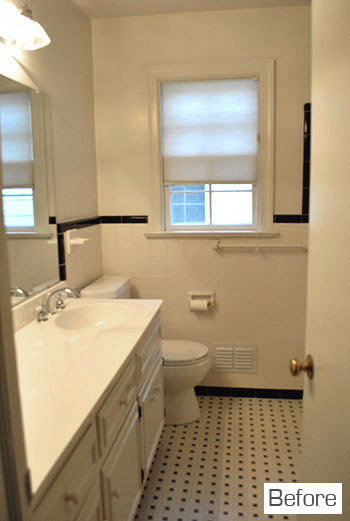 Before Of Hallway Bathroom With Black and White Tile