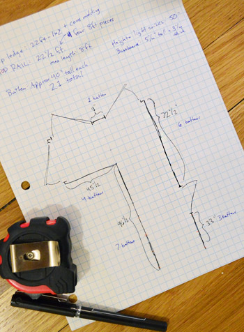 hand drawn plan on graph paper for planning and measuring a board and batten molding installation