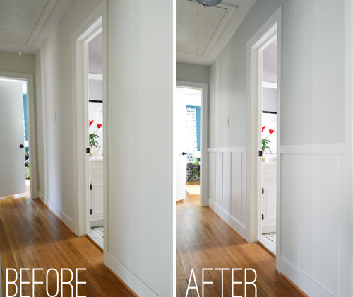 before and after of a plain hallway that was dressed up with do it yourself board and batten trim