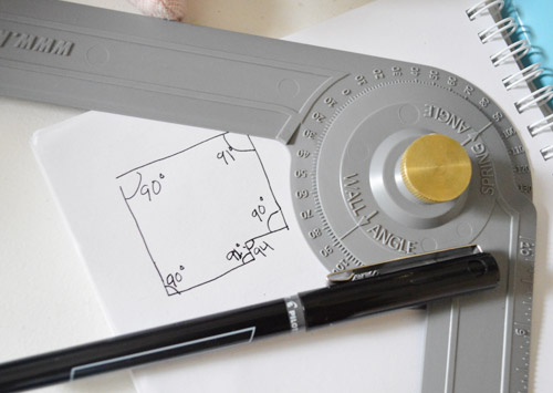 Sketch of bedroom with angle measurements marked