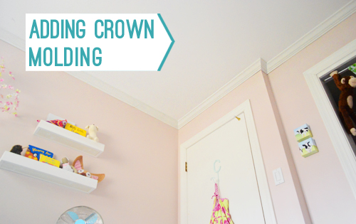 pink bedroom with crown molding and title Adding Crown Molding