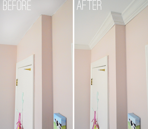 before and after detail of inside and outside crown molding corners