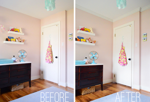 before and after of pink girl's bedroom with and without crown molding on ceiling