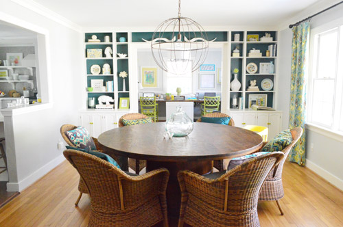 After Photo Of Living Room With Large Dining Table And Painted Built-In Bookcases