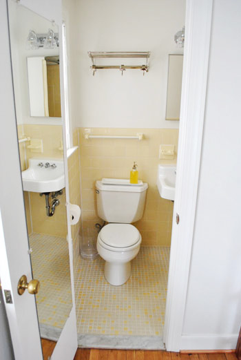 Before Of Guest Bathroom With Yellow Tile On Floor And Walls
