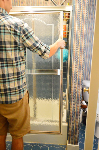 Remove An Old Sliding Shower Door, Hang Shower Curtain Over Glass Door