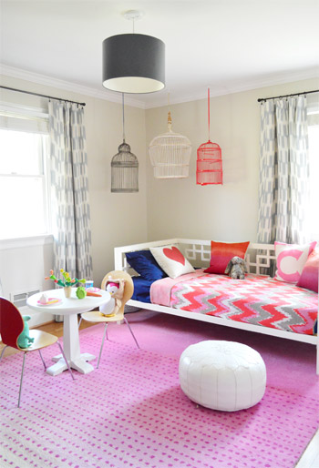 After Photo Of Playroom Big Girl Room With Pink Gradient Rug and Chevron Pink Red Bedding And Birdcages