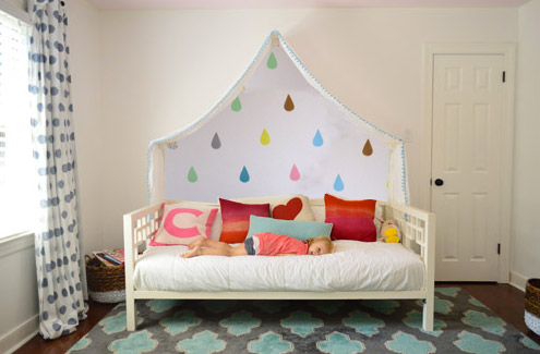Photoshop mock up of Potential Mural Of Raindrops Under Fabric Canopy Over Bed
