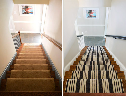 side by side before and after of old staircase with new updates
