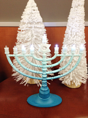 Blue gradient spray painted Menorah DIY project