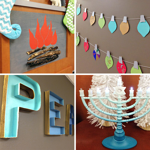 Grid of 4 DIY Holiday projects for Children's Hospital | Faux Fireplace | Paper Bulb Garland | Cardboard Letters | Gradient Menorah
