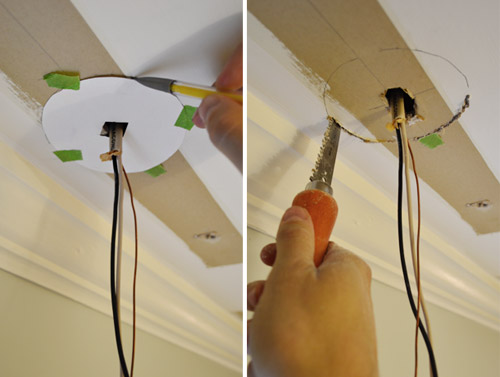 Cutting hole in ceiling for light fixture box using jab saw