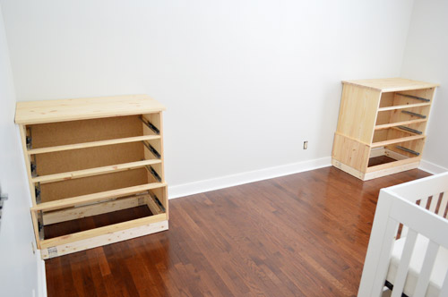 Two Ikea Fjell Dressers Installed as buuilt-ins in corners of a bedroom