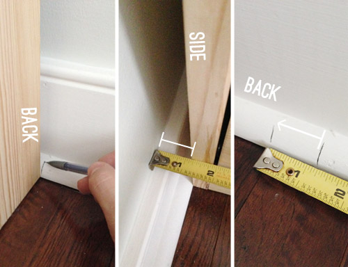 Measuring around an Ikea Fjell to cut basebard