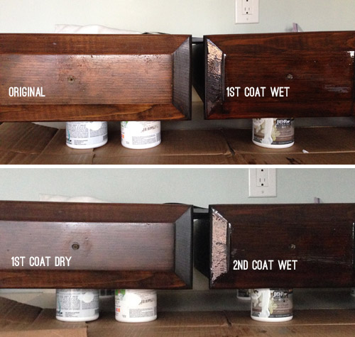 Four stages of PolyShades stain on cabinet drawers showing wet and dry coats