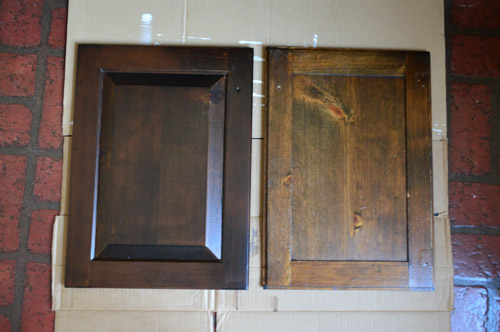 Side by side of two coats of Tudor PolyShades stain next to original wood stain