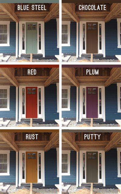 Blue houses with store red doors