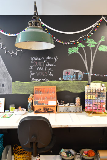 Chalkboard Wall With Vintage Light In Home Workspace