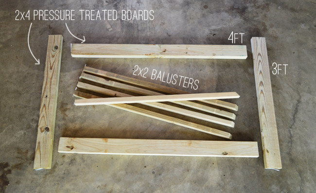 Wood Materials Laid Out For Construction of Deck Gate | 2x4 Pressure Treated Boards | 2x2 Balusters