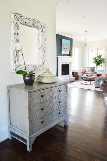 Gray Entryway Table With Wood Branch Mirror