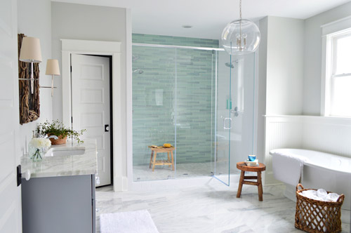 Modern Marble Bathroom With Freestanding Tub And Colorful Aqua Glass Tile Shower