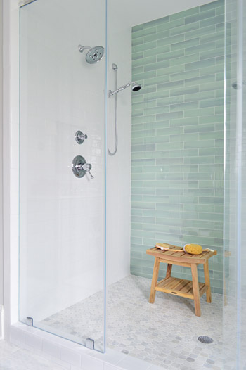 Colorful Aqua Glass Tile Walk In Shower With Glass Door