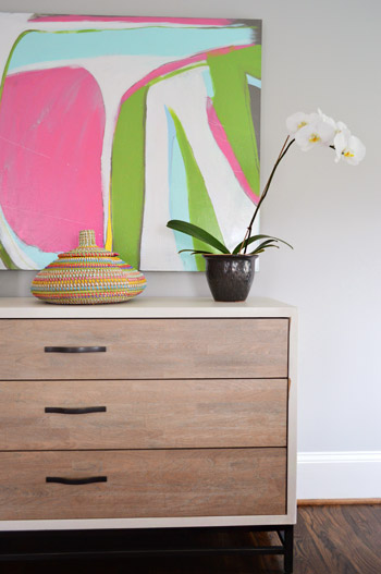 Wood Dresser In Colorful Modern Bedroom With Abstract Lesli Devito Artwork