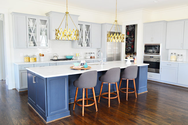 Large Modern Kitchen With Brass Fixtures and Painted Cabinets | Gray Timber Wolf Cabinets | Hale Navy Island