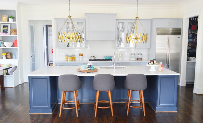 Large Modern Kitchen With Brass Fixtures and Painted Cabinets | Gray Timber Wolf Cabinets | Hale Navy Island